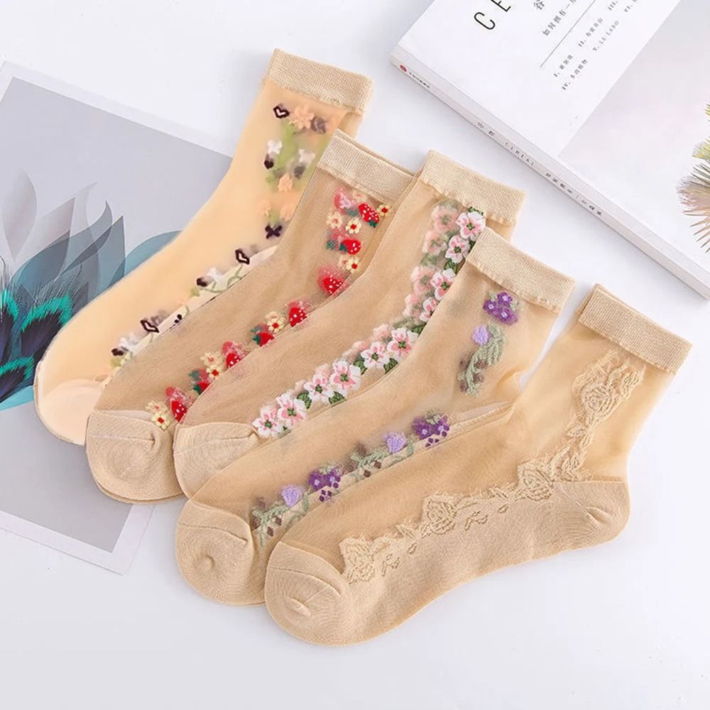 5 Pairs Ice Silk Socks Women Spring Summer Mid Tube Breathable Anti Slip Crystal Thin