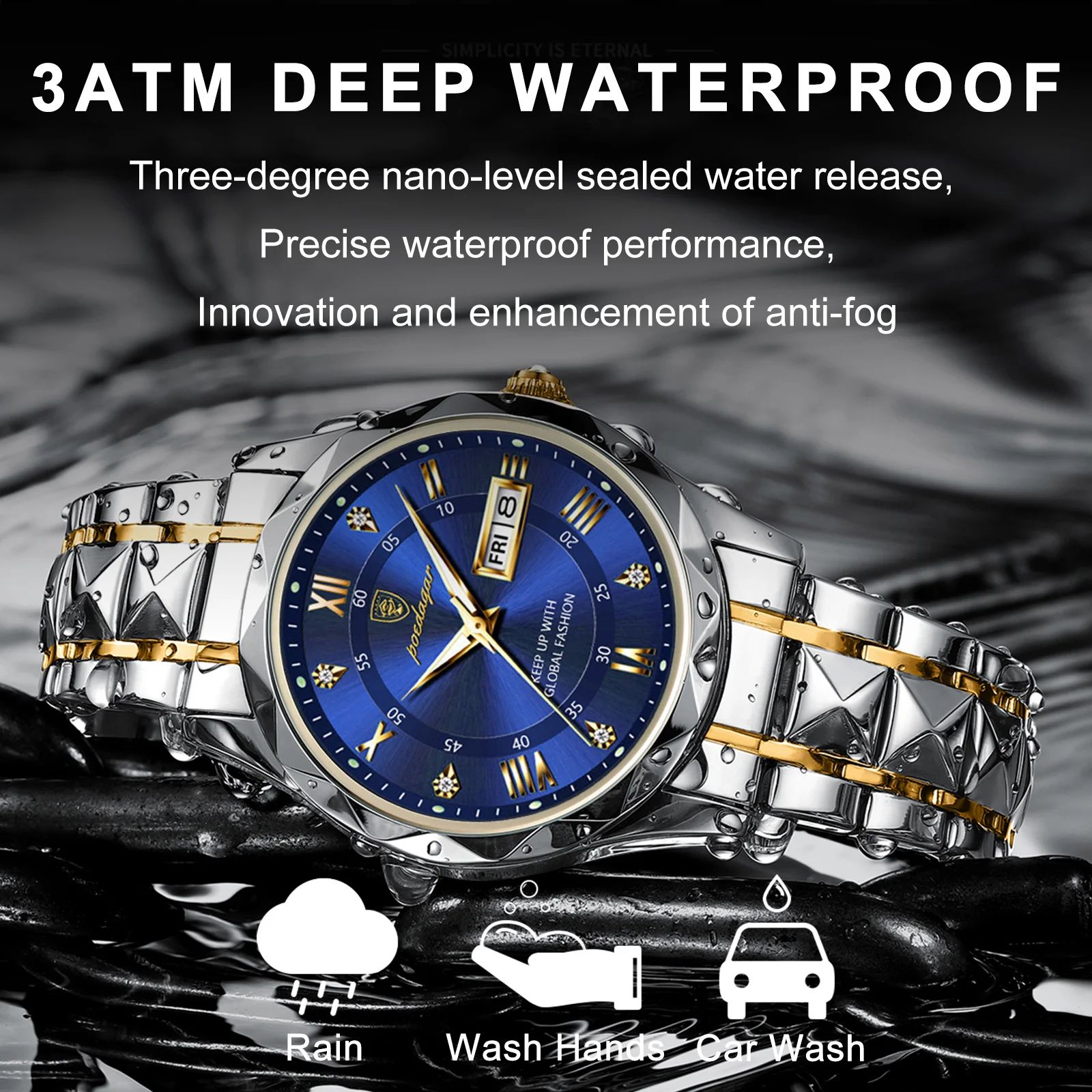 POEDAGAR 615 Luxury Waterproof Stainless Steel Men's Quartz Watch with Luminous Date & Week Display