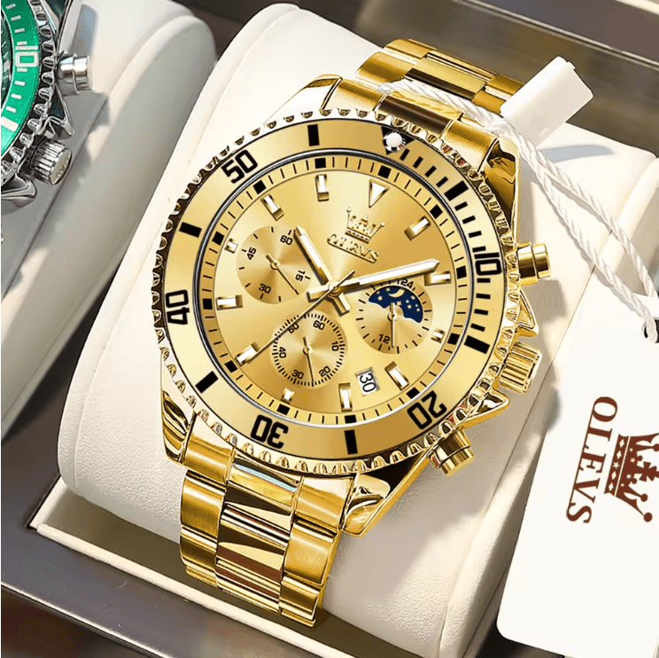OLEVS Luxury Mens Watch Stainless Steel Chronograph Waterproof with Moon Phase