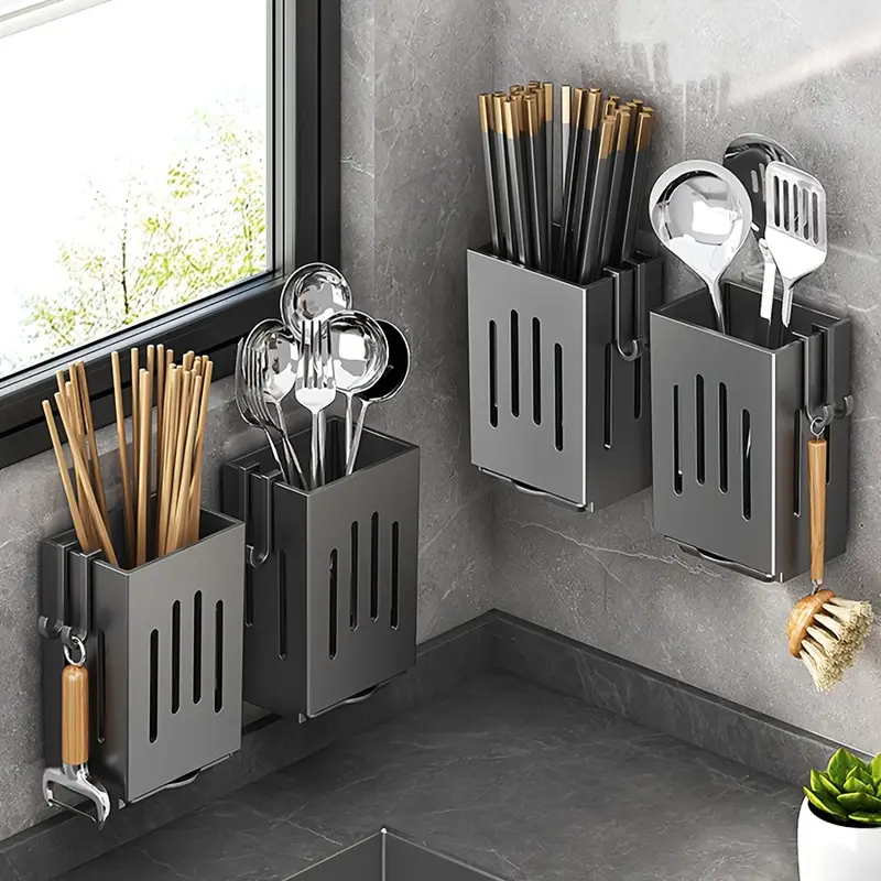 Wall-mounted Chopstick Holder for Kitchen Sink Punch-free Drain Rack with Water Tray & Hook