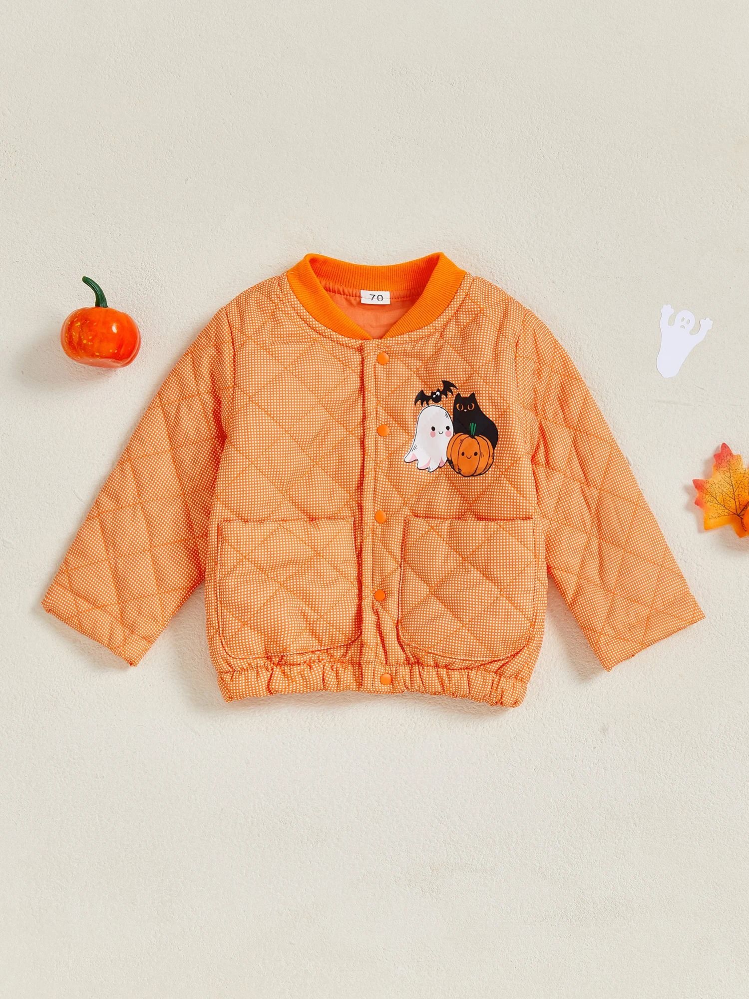 Infant Halloween Quilted Jacket - Pumpkin & Ghost Print Toddler Outerwear