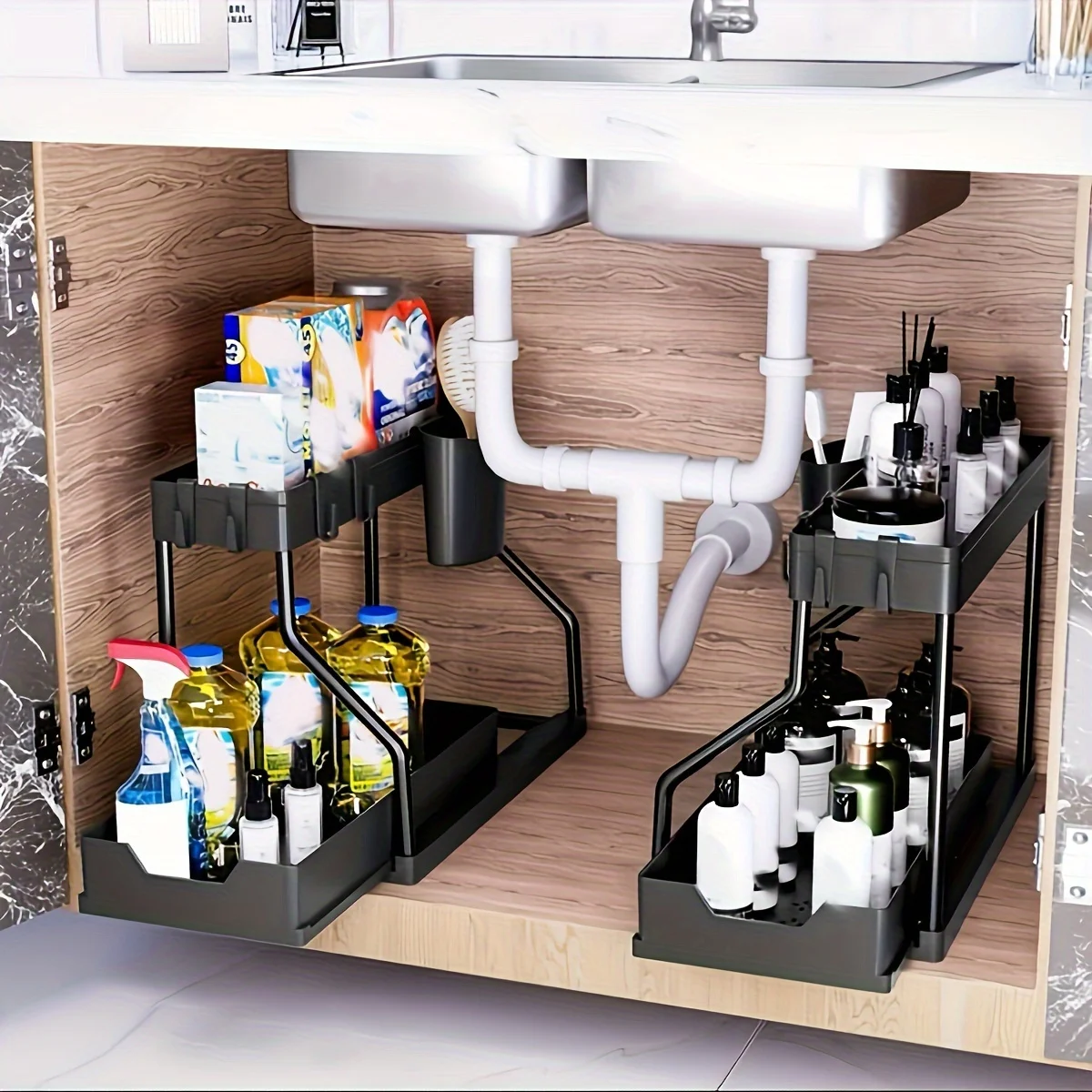 Kitchen Organizer Double Layer Storage Rack Pull-out Storage Box Cabinet Sink for Organizing