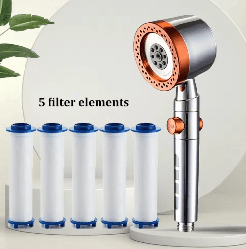 High Pressure 5-Mode Handheld Filter Shower Head with One-Button Stop