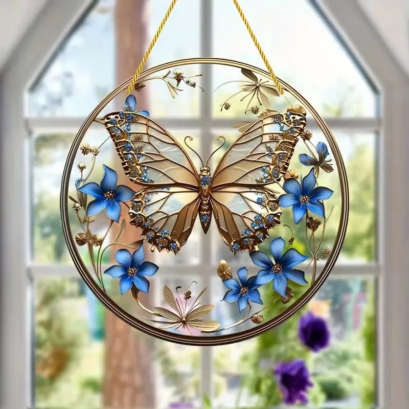 Butterfly Acrylic Suncatcher Round Window Hanging Decorative Sun Catcher Wall Art