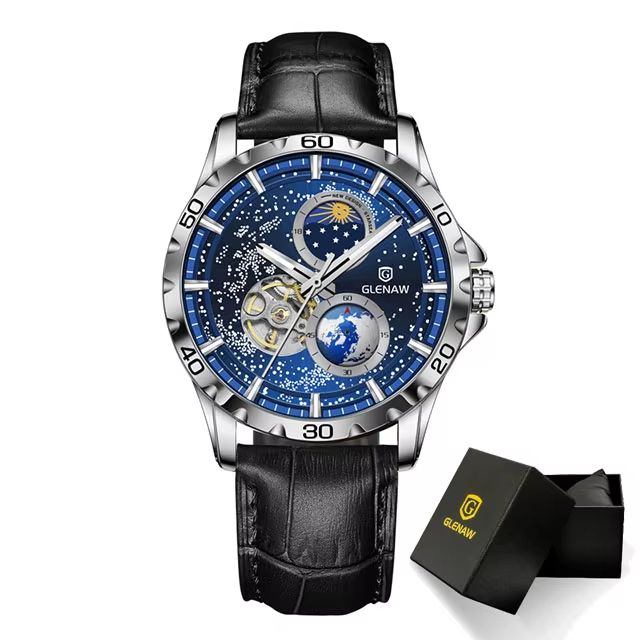 GLENAW Rotating Earth Automatic Mechanical Watch – Double Second Hand Men's Luxury Wristwatch with Starry Sky Dial and S