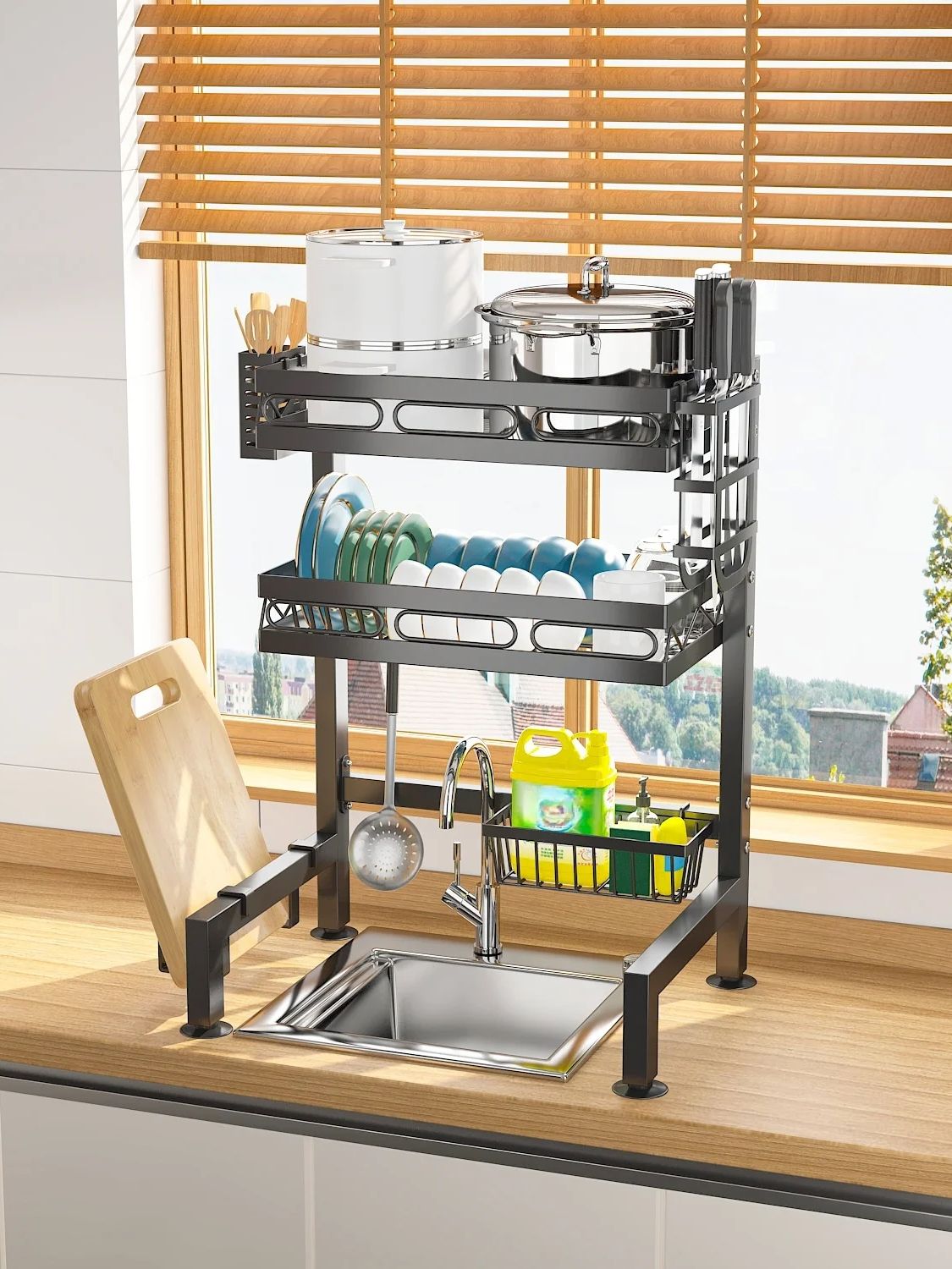 Kitchen Storage Organizer with Over-the-Sink Dish Drying Rack, Utensil Holder, Sponge Holder and Hooks