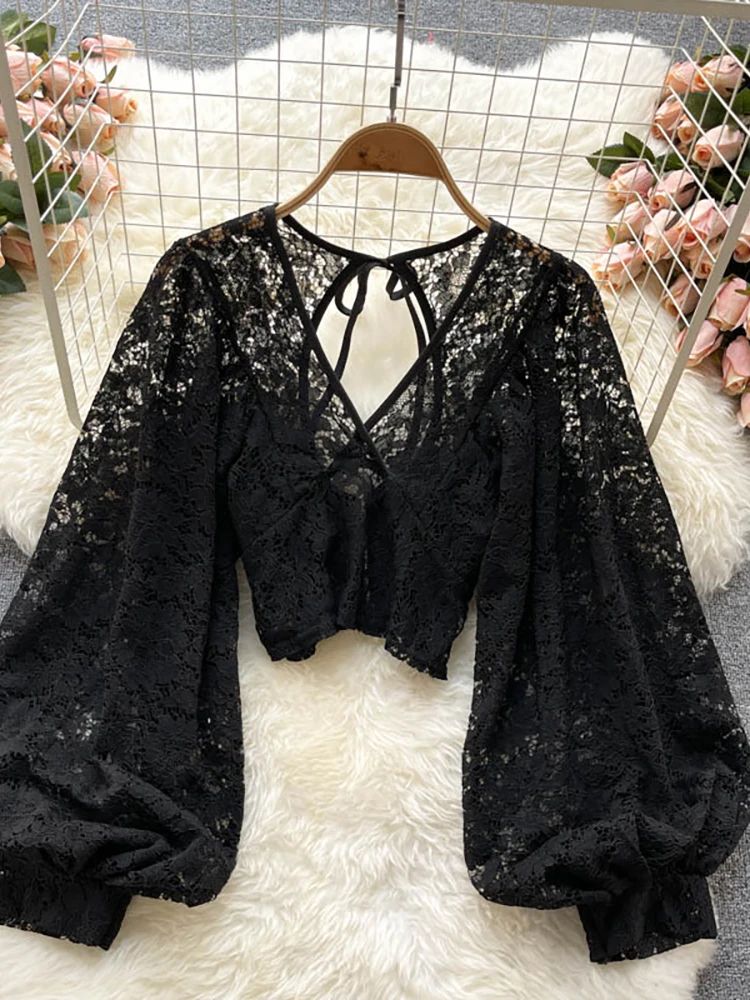Women's Lace Open Back Blouse – V-Neck Puff Sleeve Cropped Party Top
