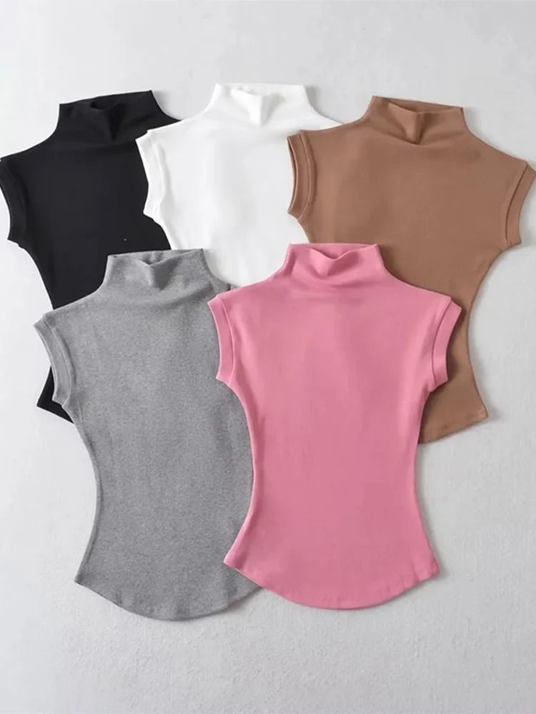 Women Summer Turtleneck Sleeveless Top Solid Slim Fit