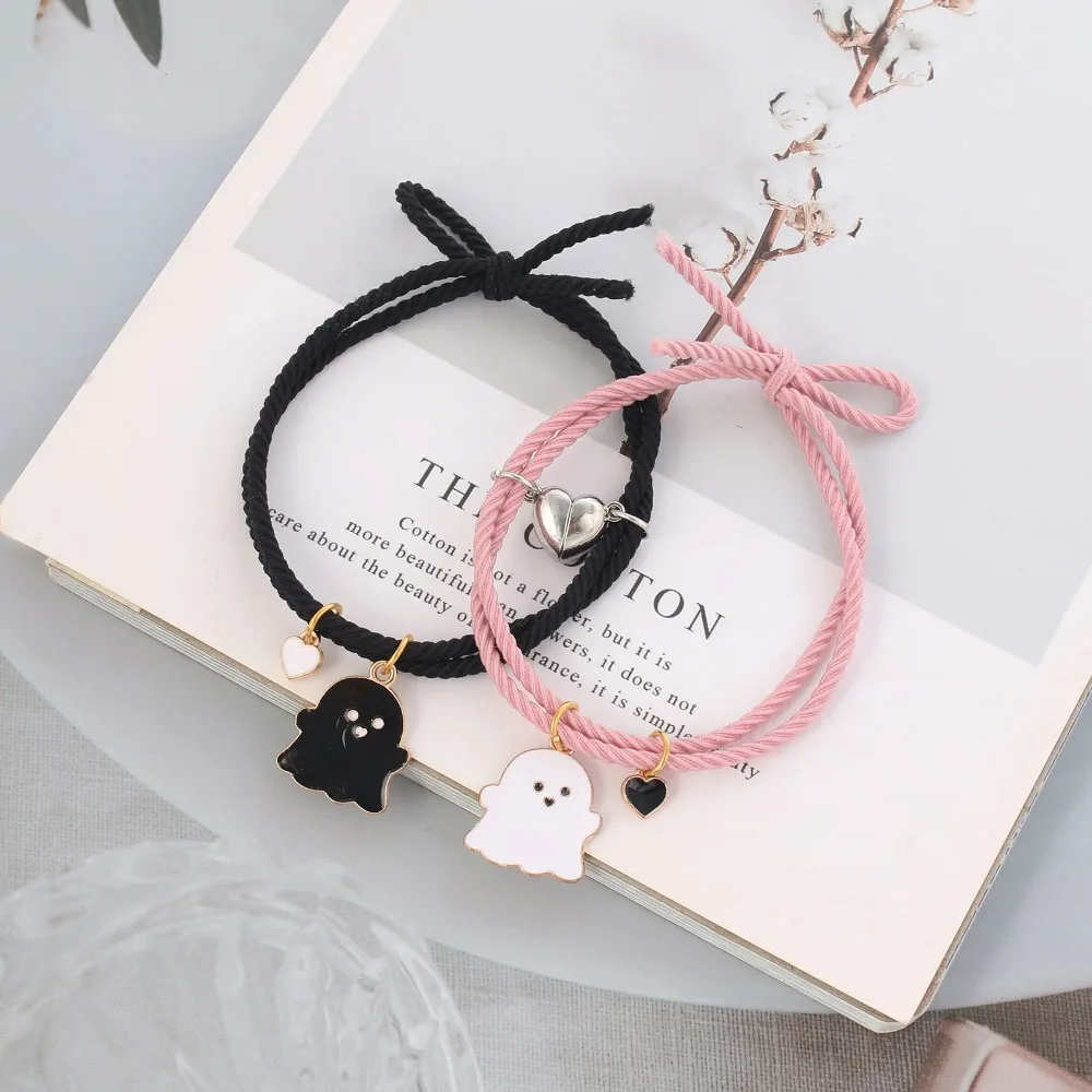 Ghost Braided Bracelet Set for Lovers Long Distance Heart Magnet Couple Friendship Jewelry Gift
