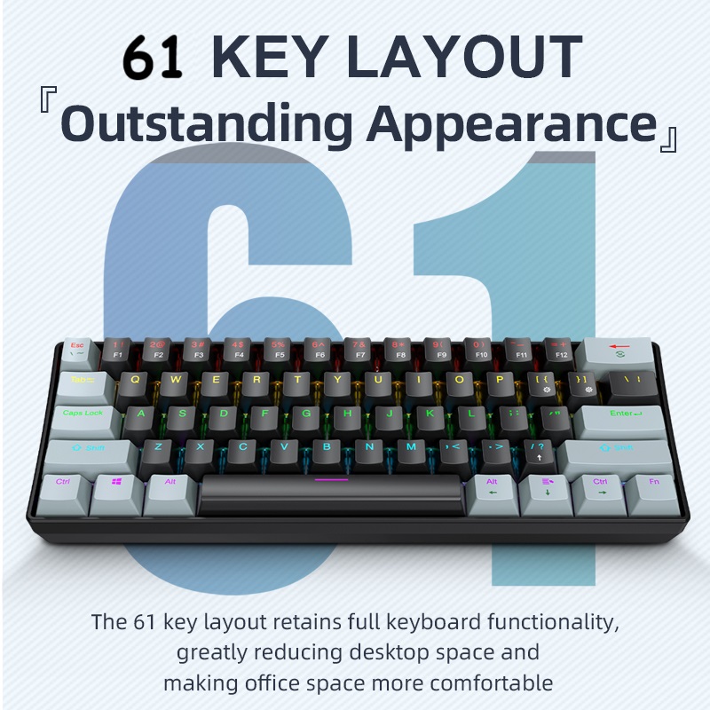 Mini Keyboard Wired, Portable Wired Mini Mechanical Keyboard, 61 Keys, Phantom RGB, Black, White, Red, Red/Blue Switch