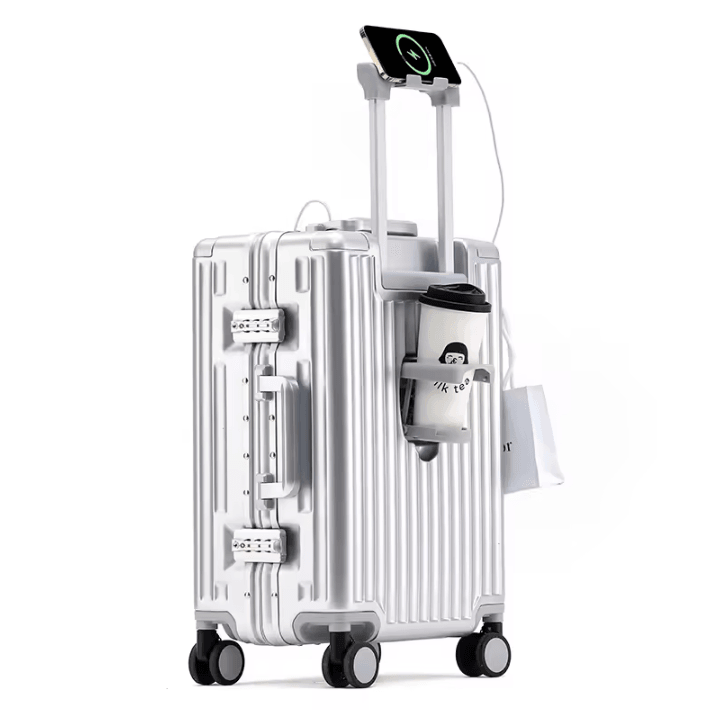 20Inch (500mm) Aluminum Frame Functional Trolley Suitcase – Shock-Absorbing, USB Charging & Multi-Feature Travel Luggage