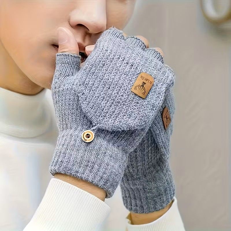 Winter Half Finger Flip Gloves Warm Knitted Windproof Gloves for Men and Women