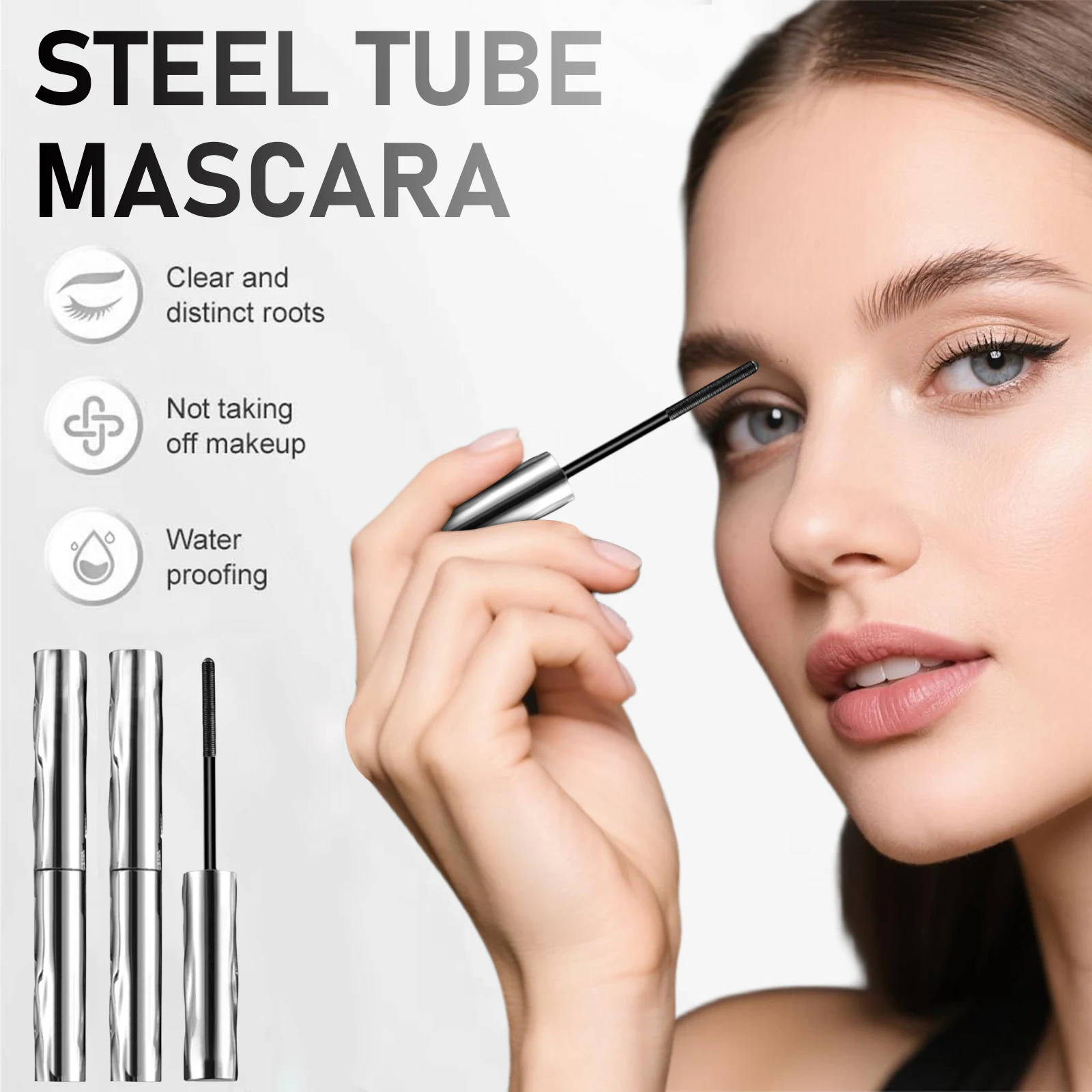 Black Silk Fiber Waterproof Mascara, Long Curling, Non-Clumping Eyelash Extensions in Metallic Tube Makeup for Eyes