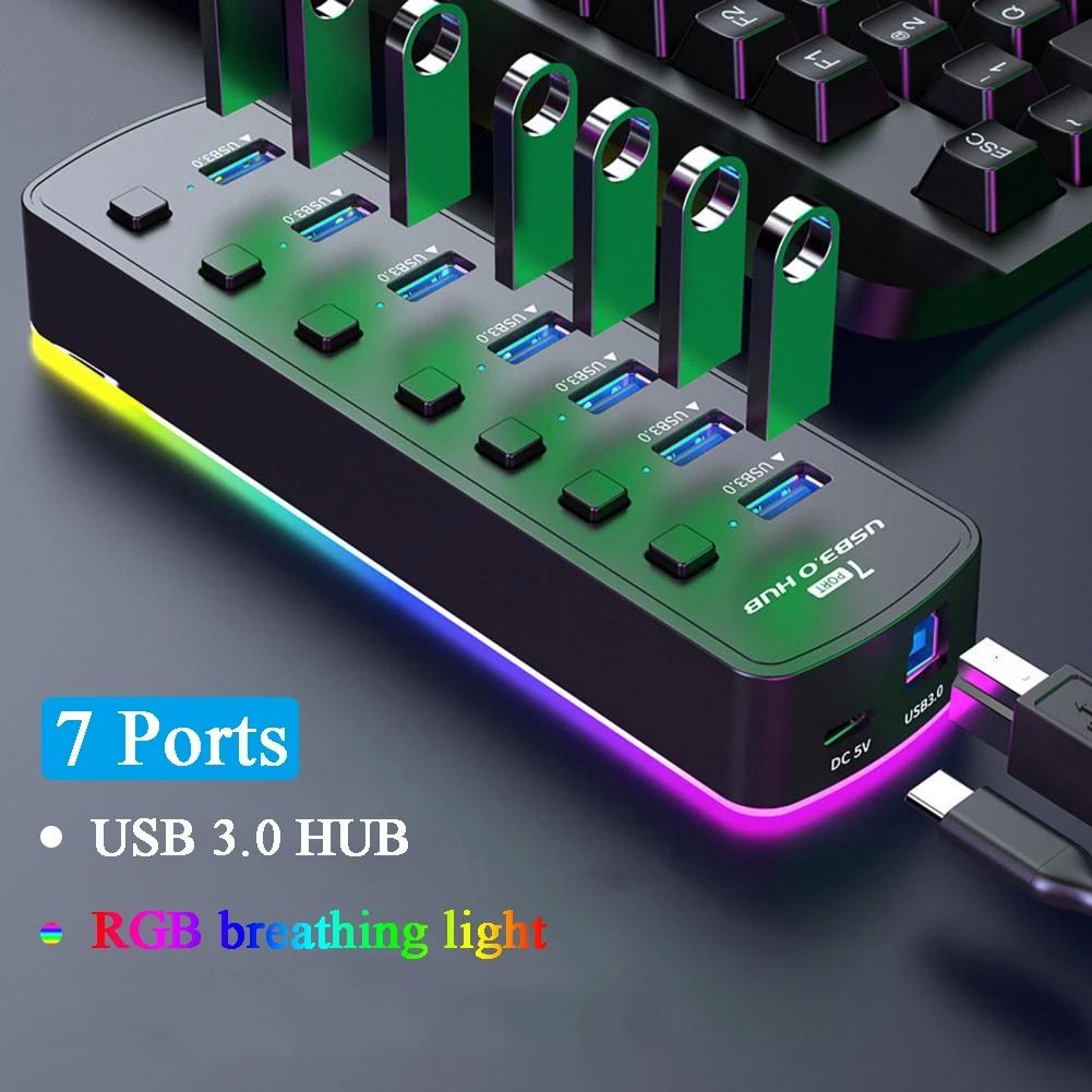 RGB USB 3.0 Hub 7 Ports Data Port Adapter 5Gbps Individual On Off Switch