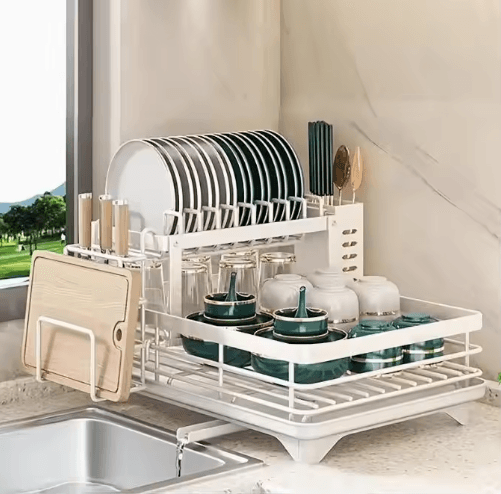 Double Tier Extendable Dish Drainer Large Capacity Adjustable Kitchen Countertop Rack