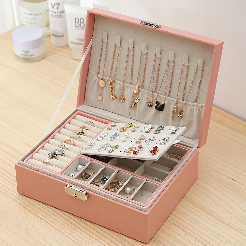 Double-layer Jewelry Box with Locks, PU Leather Jewelry Storage Organizer, Ring Box and Makeup Case for Safe and Stylish