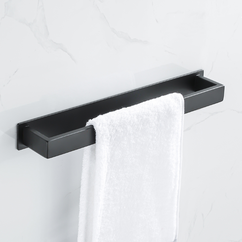 No Drill Black Stainless Steel Towel Holder, Self Adhesive Bathroom Towel Rack, Wall Shower Shelf