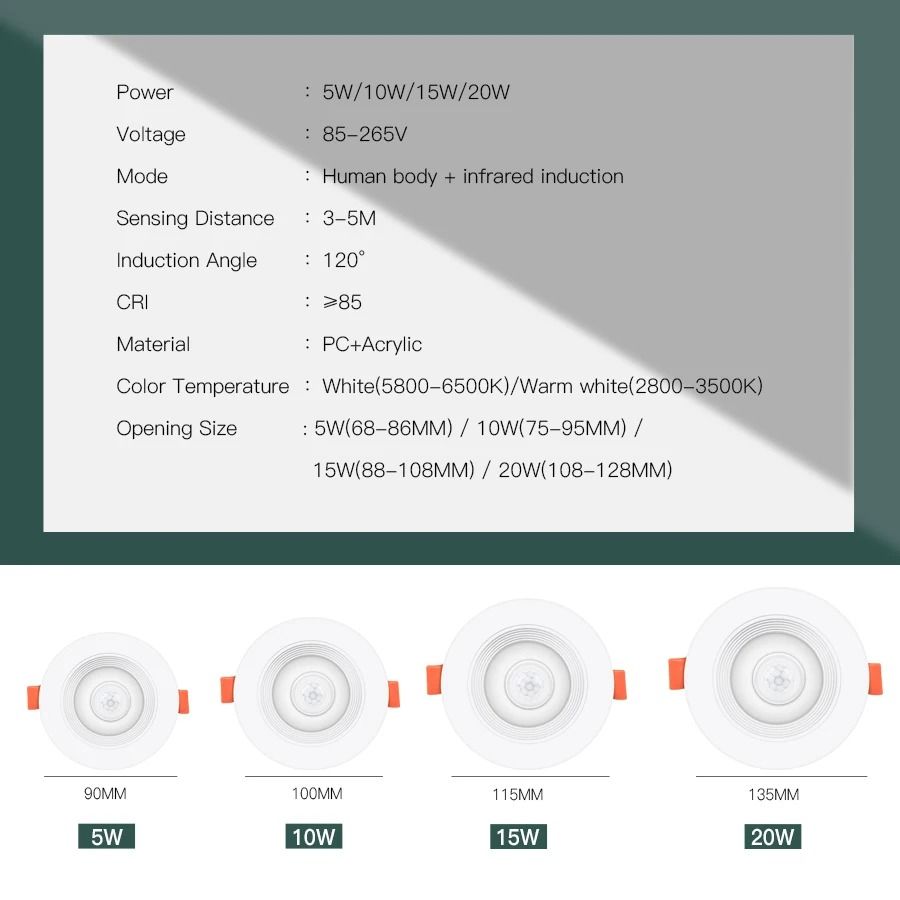 PIR Motion Sensor Recessed LED Ceiling Downlight 5W 10W 15W 20W Auto On Off Light