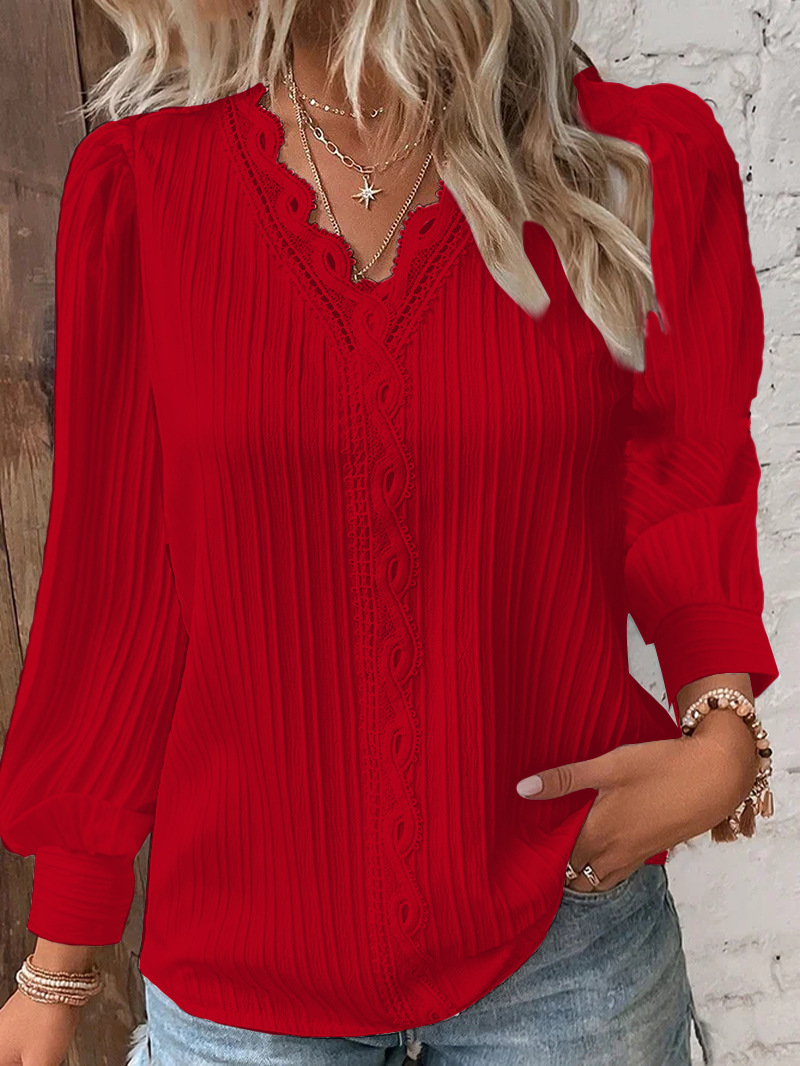 Chic Women Shirt, Elegant Summer Hollow Lace Patchwork Blouse, V Neck Long Sleeve Shirt, Plain Lace Casual Regular Tops
