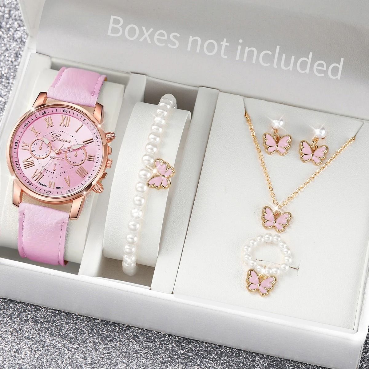Women Luxury Watch and Jewelry Set Roma Dial Leather Band Quartz