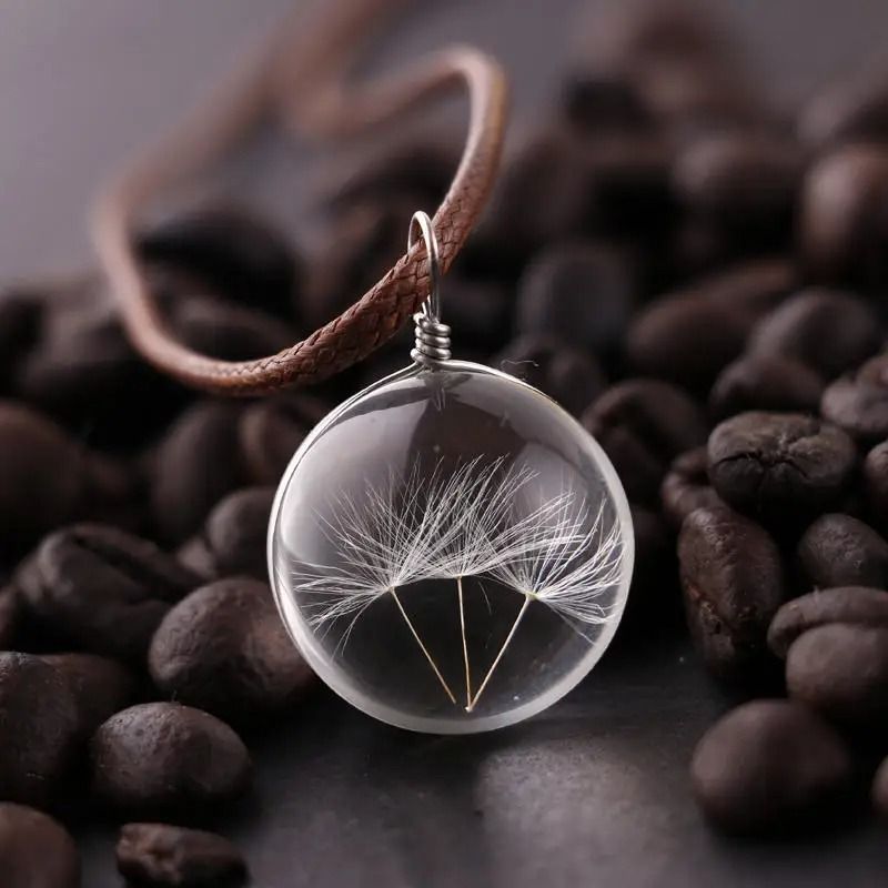 Round Dandelion Pendant Necklace with Transparent Glass Charm