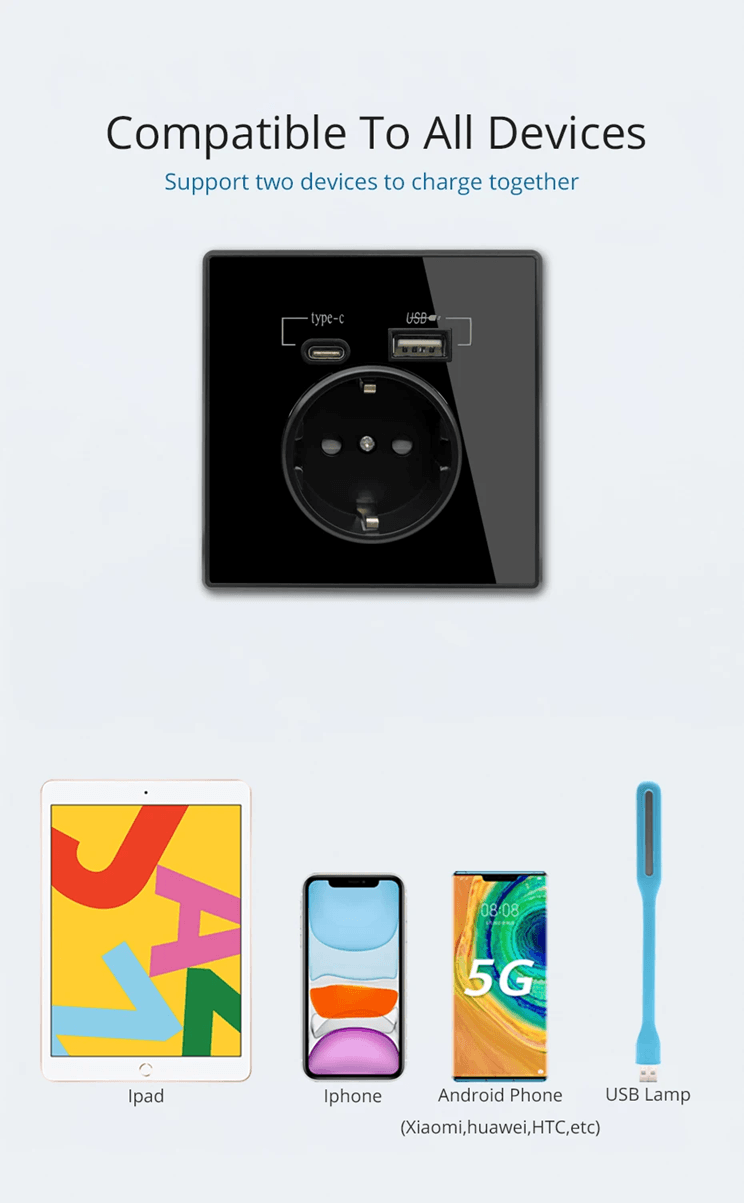 CrystalLine Type C USB Wall Socket Acrylic Mirror Panel Power Outlet