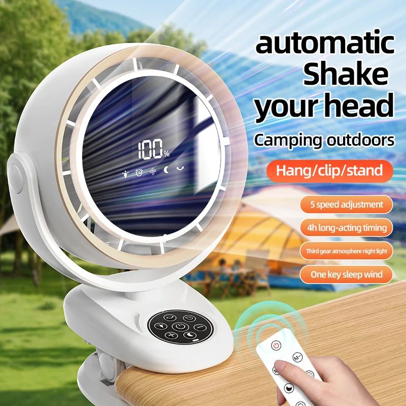 Rechargeable Circulating Clip Fan with Remote Control – Mini Desktop Fan with 4000 mAh Battery & Night Light