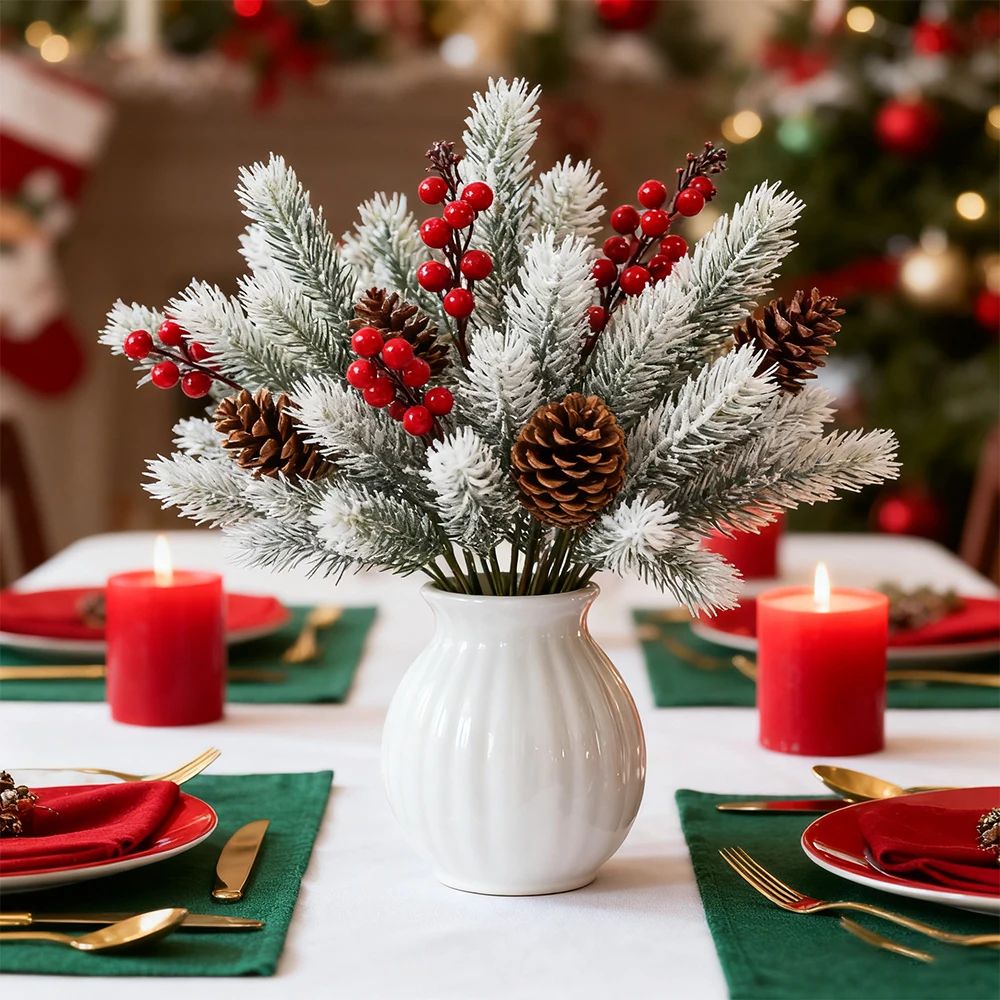 Festive Evergreen Holly & Pine Berry Holiday Table Decor – Set of 2 Artificial Christmas Greenery Picks