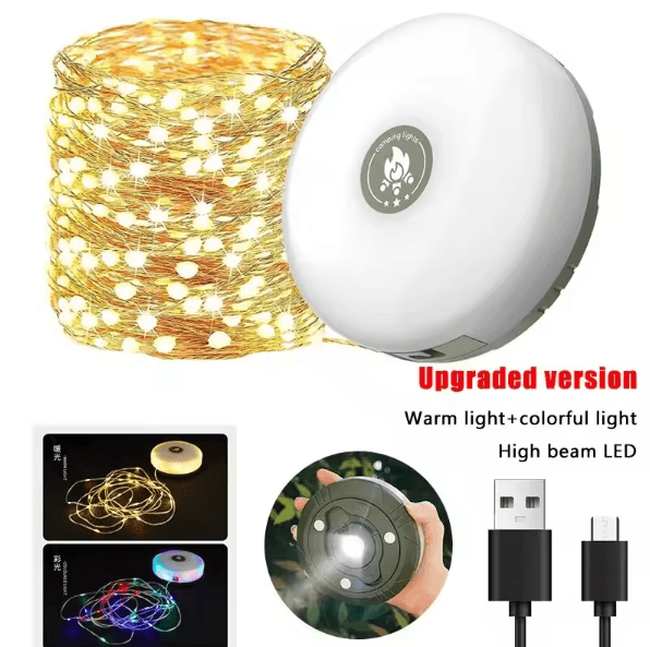 4-in-1 LED Camping String Lights with Retractable Reel & USB Recharge