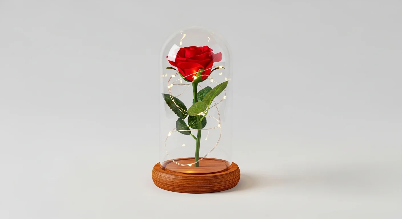Red Rose in Glass Dome with Wooden Base & LED Lights