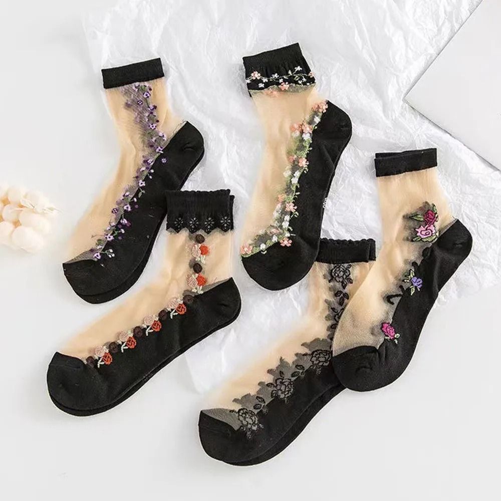 5 Pairs Ice Silk Socks Women Spring Summer Mid Tube Breathable Anti Slip Crystal Thin