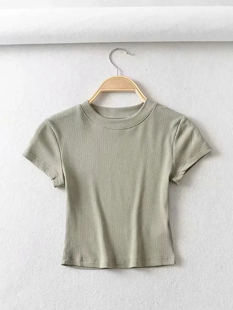 Womens Slim O-Neck Short Sleeve Stretch Crop Top
