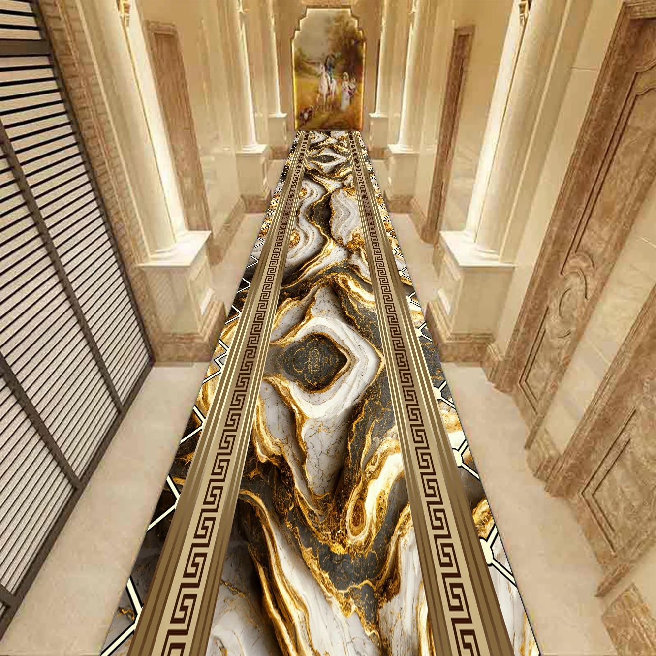 Golden Marble Runner Rug – Luxury Non-Slip Hallway & Stair Carpet