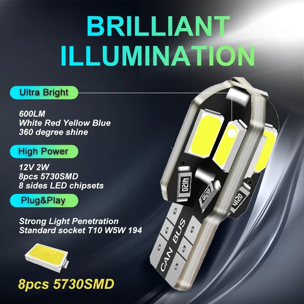 T10 W5W LED Car Bulbs 5730 8SMD 12V White Light Pack
