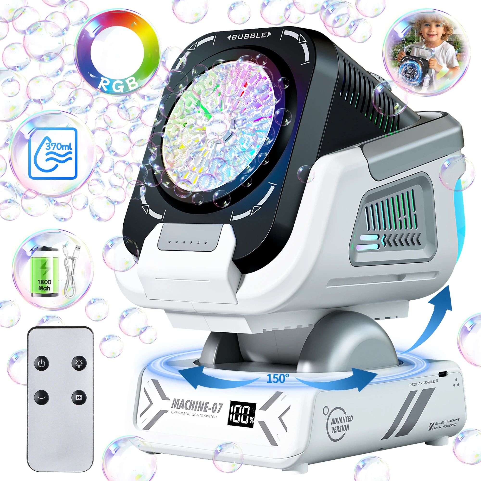 Upgraded Bubble Machine with Remote Control RGB Lights and Rechargeable Battery