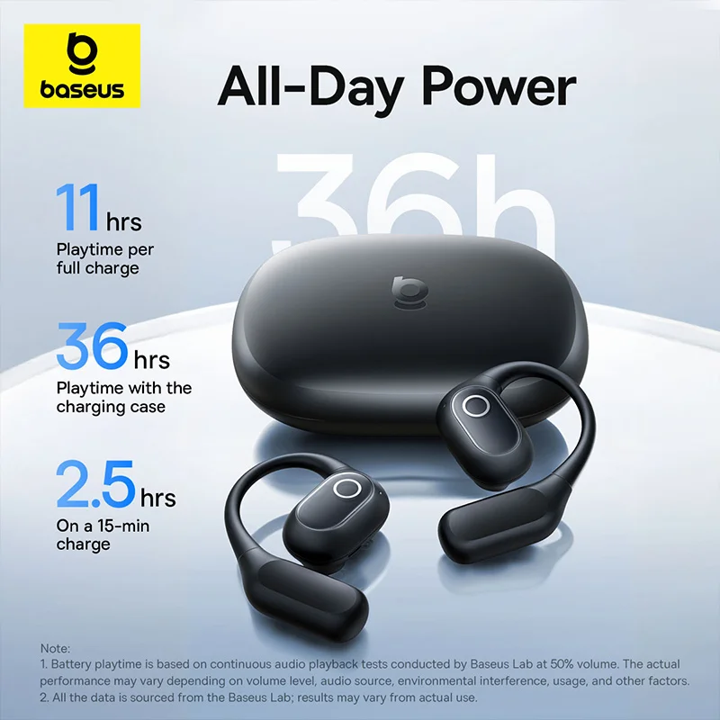 True Wireless Open-Ear Baseus Eli 2i Fit Earphones, Bluetooth 6.0 Ear Hooks, IPX5 Waterproof Sports Bass Boost
