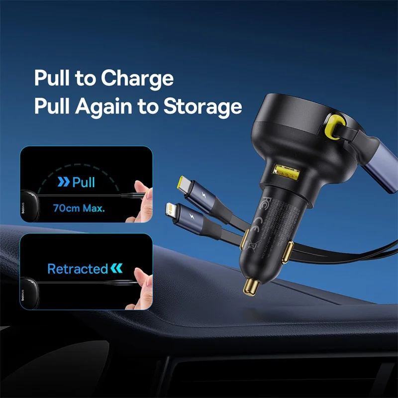 Dual Retractable Cable Car Phone Charger For Samsung iPhone Xiaomi, Charger Type-C USB PD QC PPS Fast Charging