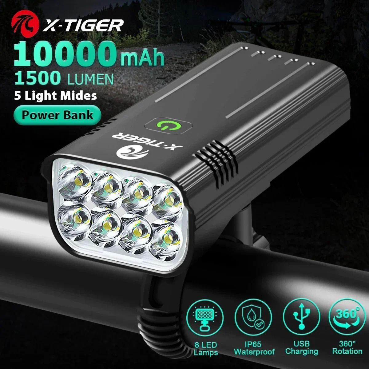 X Tiger Bike Light Headlight Bicycle Lamp with 5200mAh Power Bank