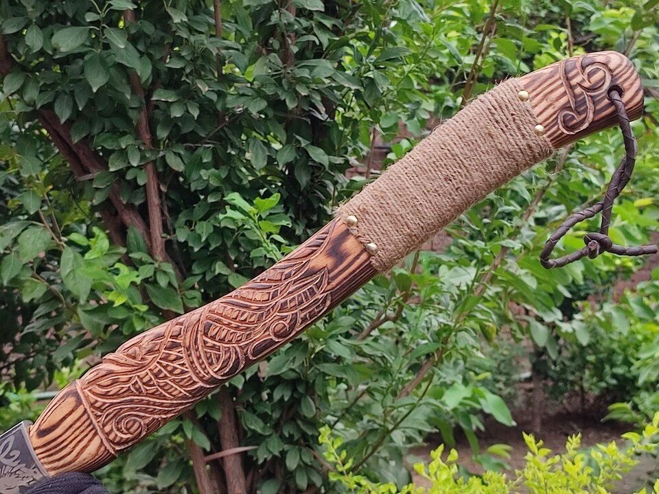 Handmade Carbon Steel Viking Throwing Axe | 19 Rare Art Axe with Carved Ashwood Handle | Collectible Outdoor Tool