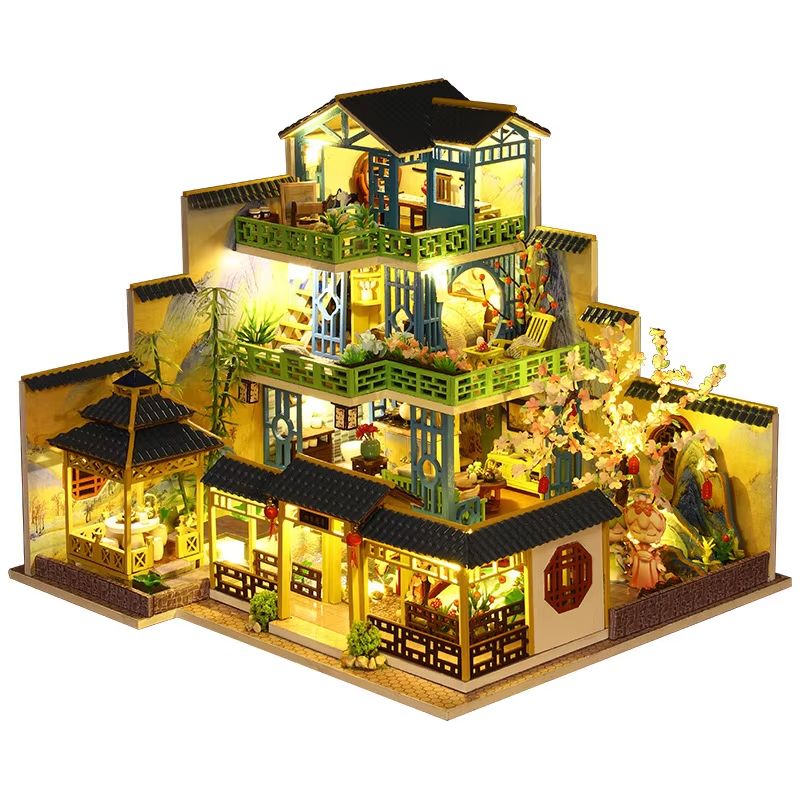 Chinese Villa DIY Wooden Dollhouse Kit with LED Light Miniature House with Furniture
