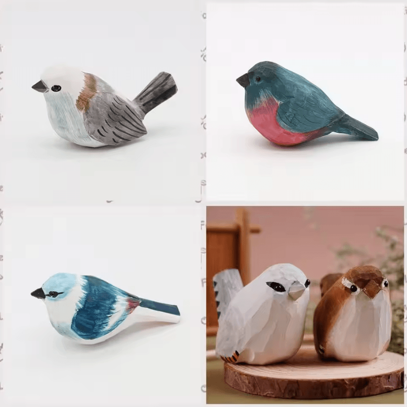 Hand-Carved Wooden Bird Figurine – Mini Handmade Wood Bird Decor Cute Ornament