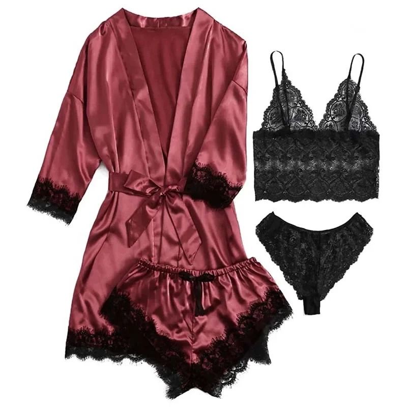 Womens Satin Sleepwear Four Piece Pajama Set with Robe Lace Nightwear