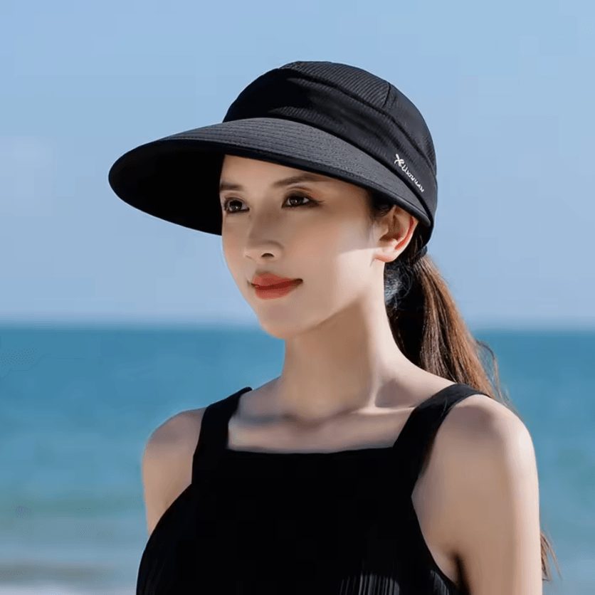 Foldable Wide Brim Ponytail Sun Hat – UV Protection Detachable Open-Top Summer Cap