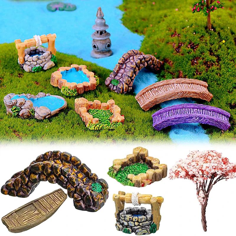 Mini Fairy Garden Accessories Set Landscape Decor Lighthouse Bridge Cottage