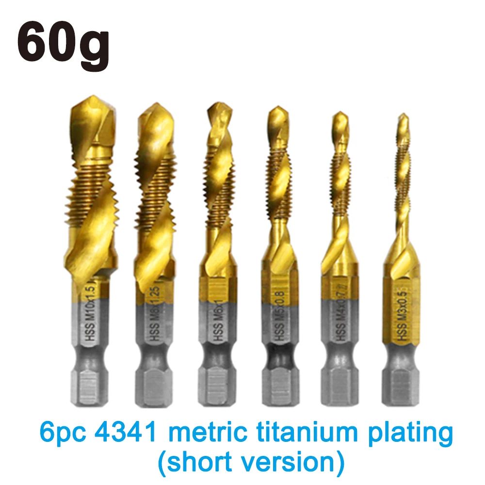 6 Pcs Titanium Plated Drill Tap Set M3–M10 - High Speed Steel Hex Shank Tap & Drill Combo with Chamfer Tool
