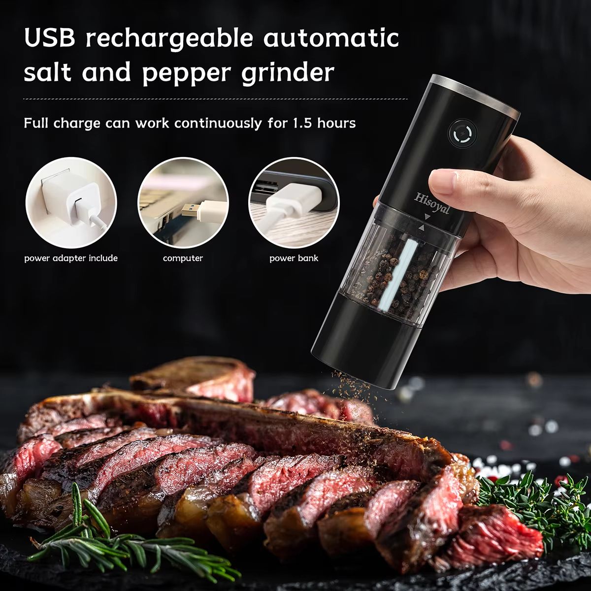 USB Rechargeable Electric Salt and Pepper Grinder Automatic Spice Grinder with Adjustable Coarseness