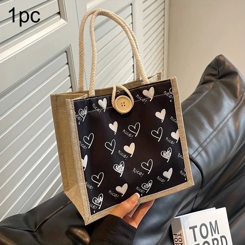 Canvas Tote Bag Linen Handbag Large Capacity Reusable Shopping and Beach Bag with Button
