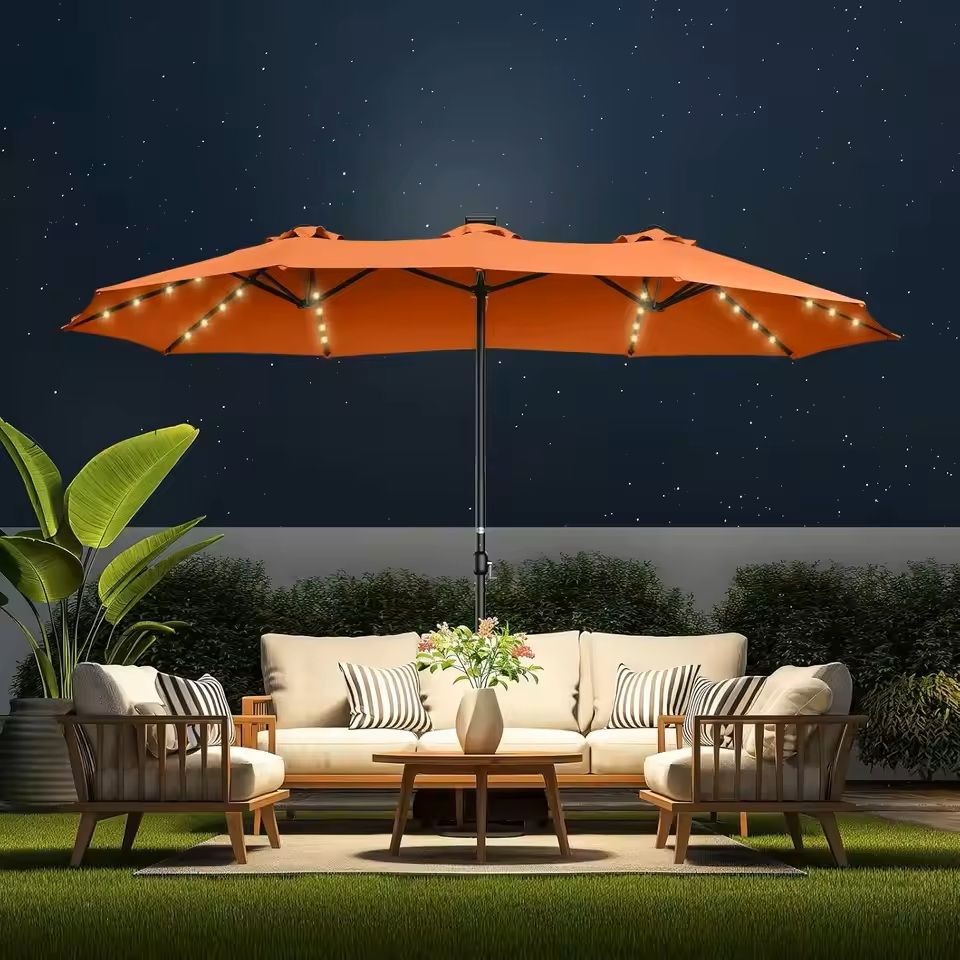Extra Large Double Sided Patio Umbrella with Solar Lights and Base
