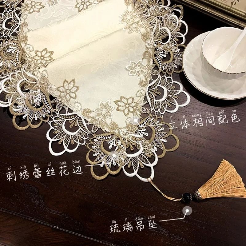 Elegant White Lace Embroidered Table Runner
