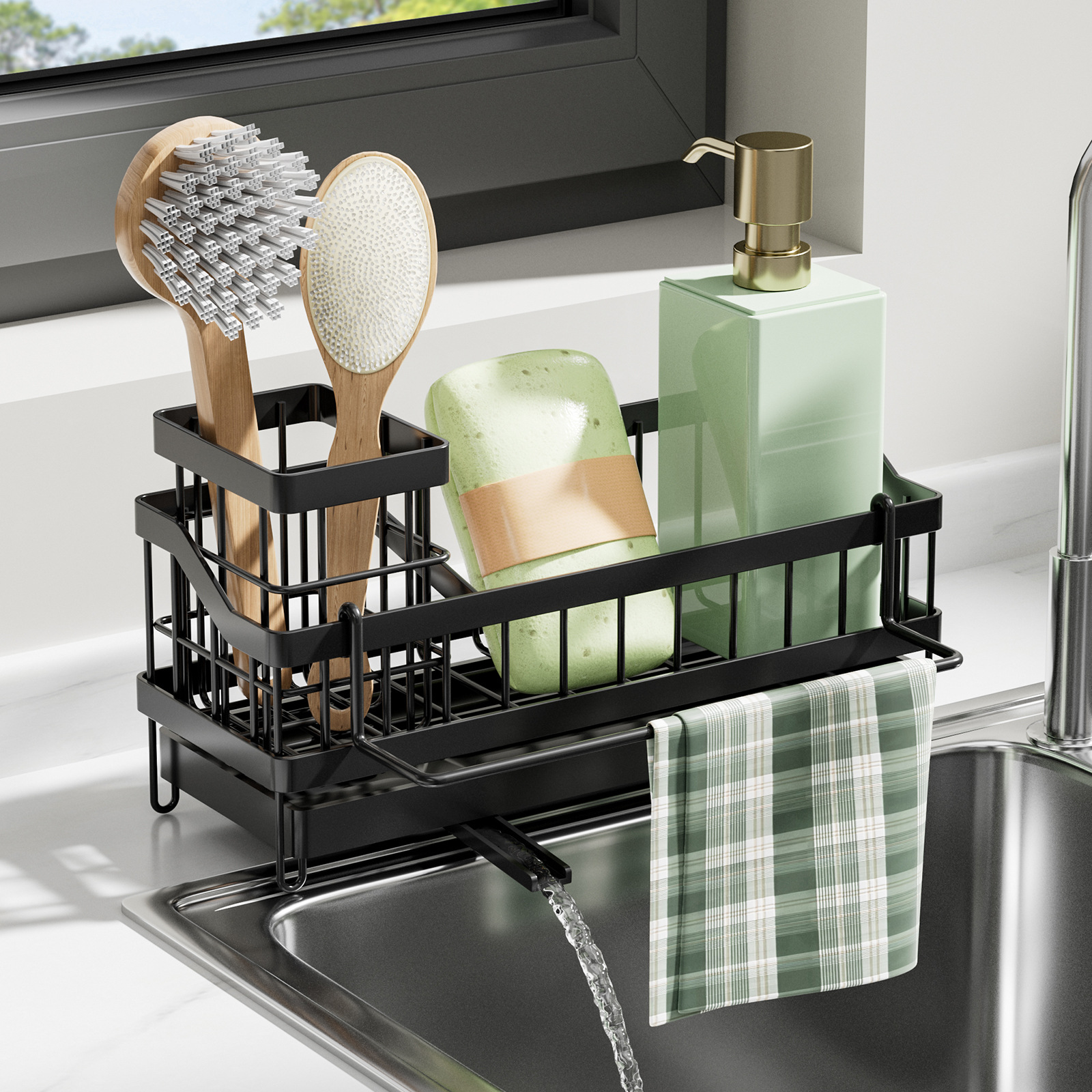Wall-Mounted Dishwashing Sponge Holder, Drill-Free Storage Rack for Kitchen Brushes and Drains